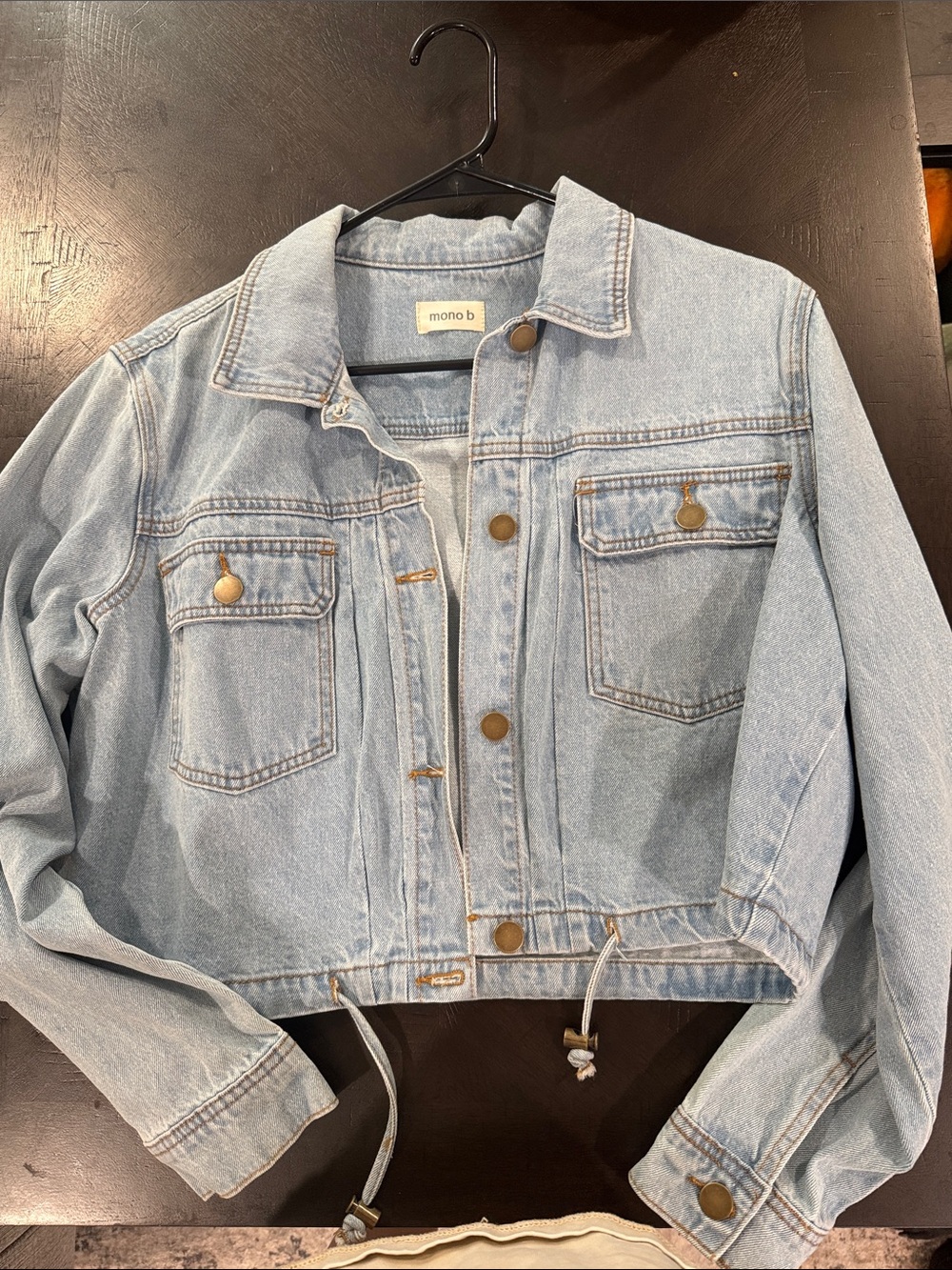 Mono B Light Blue Cropped Denim Jacket with Drawcord Hem